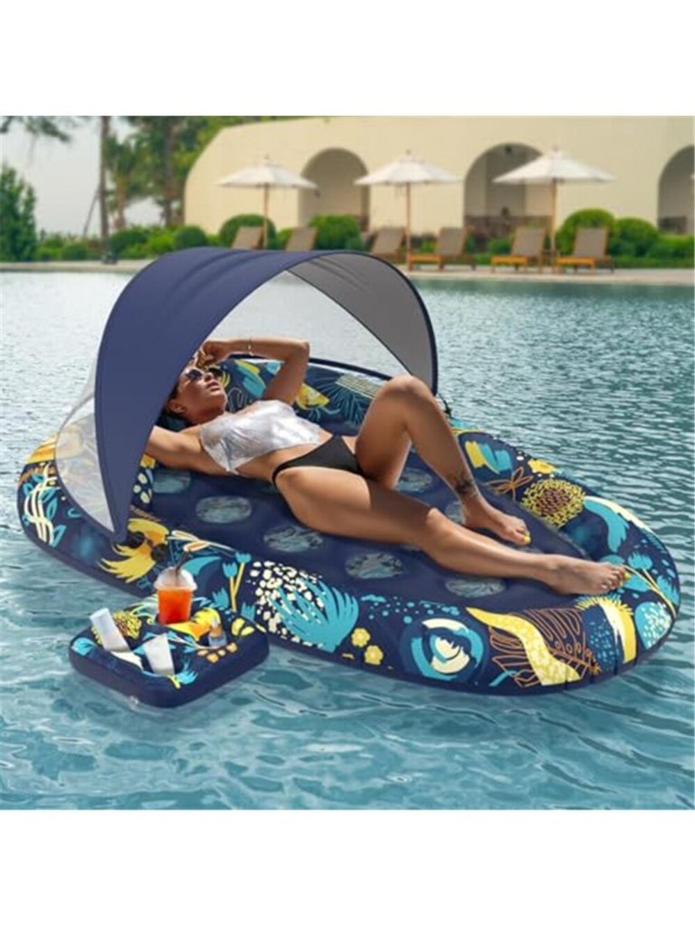 3 in 1 Inflatable Pool Float Lounger Canopy Cup Holder Tanning Raft Chair Adult